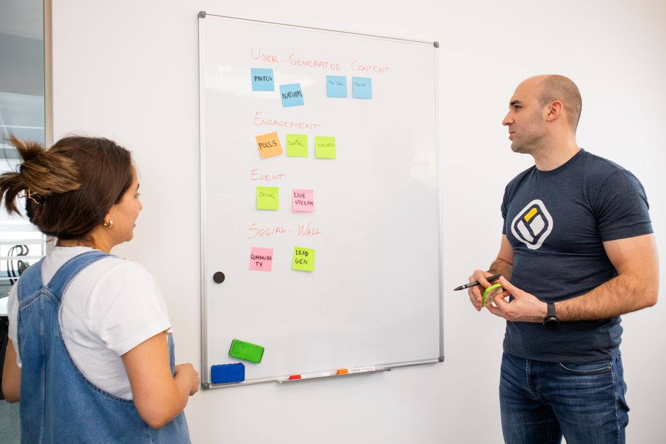 A team meeting around a whiteboard covered with strategy notes.