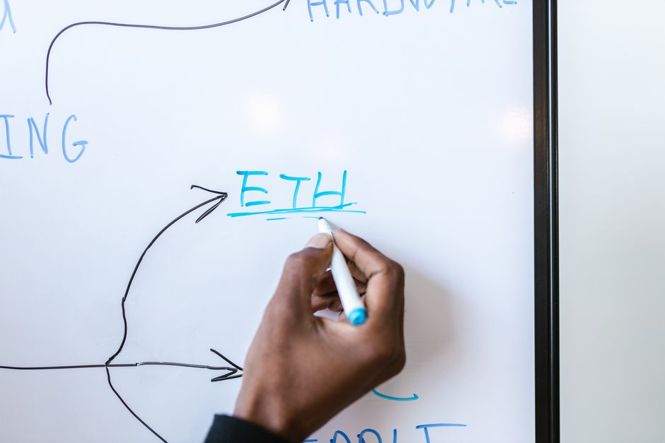 A network diagram on a whiteboard with arrows connecting nodes.